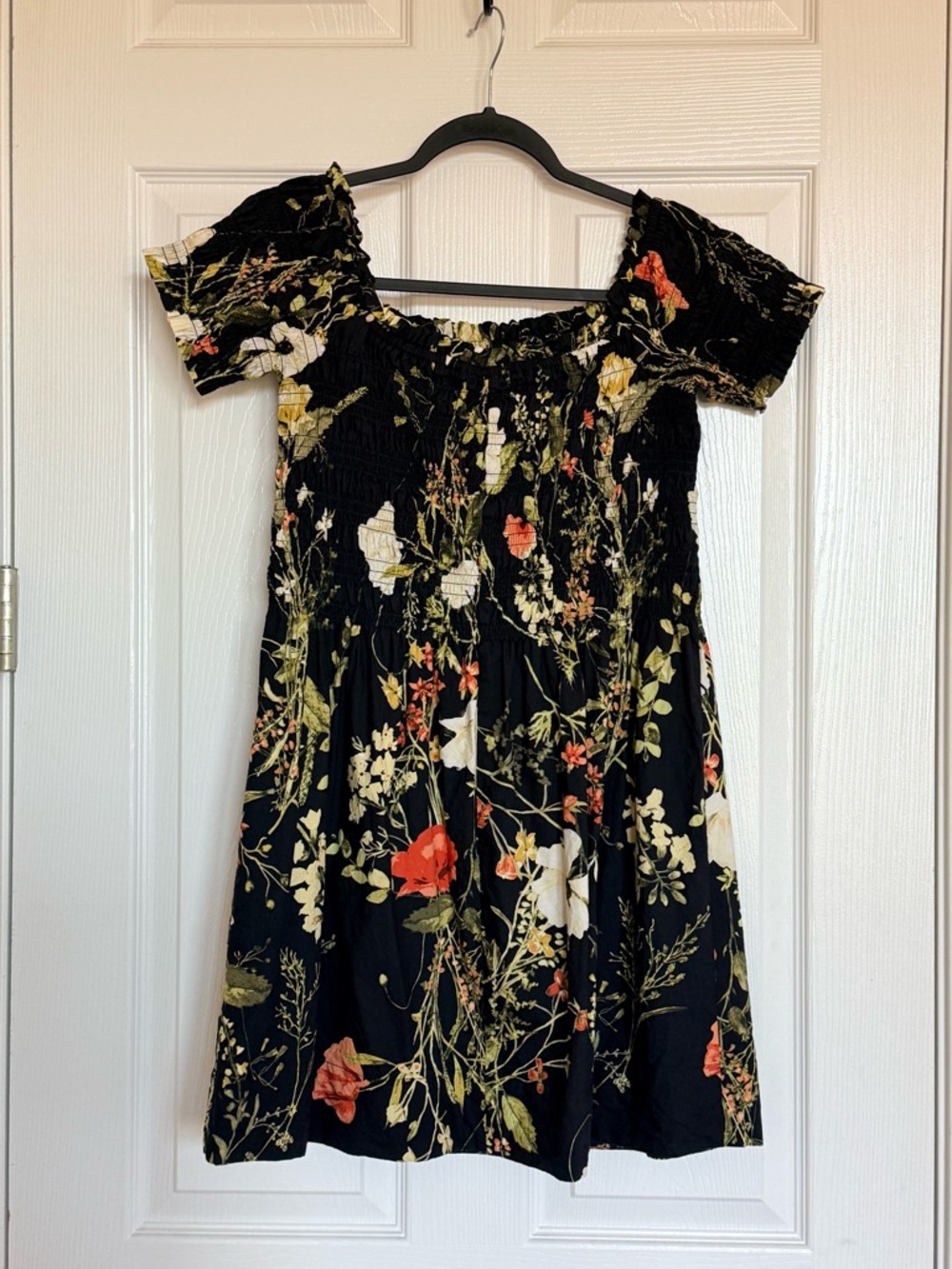 H&M Black Floral Mini Dress with Red and Cream Accents